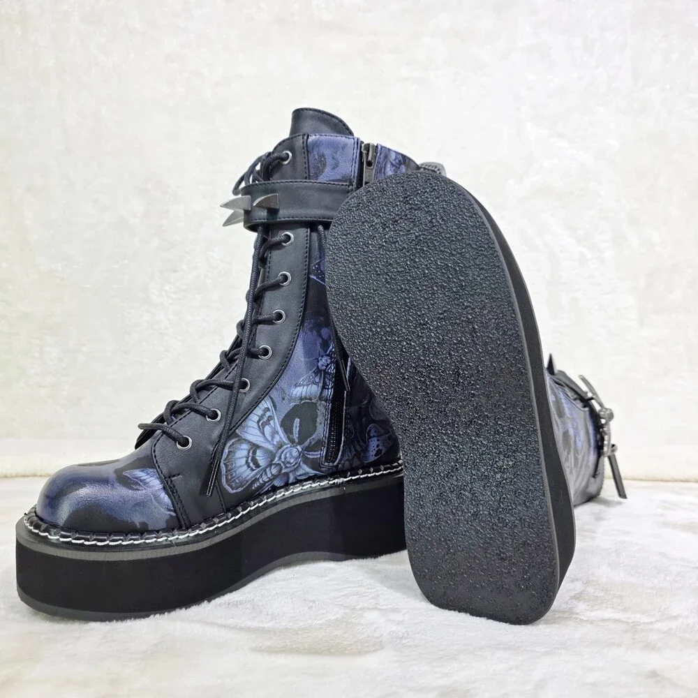 NIB NEW DEMONIA Emily Death Moth Skull Graphic Platform Goth Punk Mid Calf Boots - Picture 7 of 16